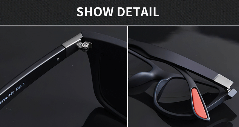 Close-up of ultralight polarized square sunglasses detailing design and frame material.
